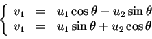 \begin{displaymath}
% latex2html id marker 33463
\left \{
\begin{array}{ccc}
v_1...
...theta\\
v_1&=&u_1\sin\theta+u_2\cos\theta
\end{array}\right.
\end{displaymath}