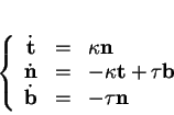 \begin{displaymath}
% latex2html id marker 34477\left\{
\begin{array}{ccl}
\do...
...tau{\bf b}\\
\dot{{\bf b}}&=&-\tau{\bf n}
\end{array}\right.
\end{displaymath}