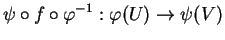 $\displaystyle \psi\circ f\circ\varphi^{-1}:\varphi(U)\to\psi(V)
$