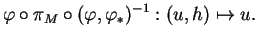 $\displaystyle \varphi\circ\pi_M\circ(\varphi,\varphi_*)^{-1}:(u,h)\mapsto u.
$