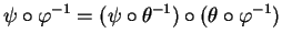 $\displaystyle \psi\circ\varphi^{-1}=(\psi\circ\theta^{-1})\circ(\theta\circ\varphi^{-1})
$