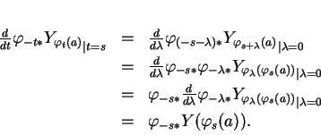 \begin{displaymath}
% latex2html id marker 13387\begin{array}{rcl}
{\frac{d}{d...
...lambda=0}\\  [1ex]
&=&\varphi_{-s*}Y(\varphi_s(a)).
\end{array}\end{displaymath}