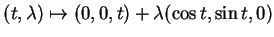 $ (t,\lambda)\mapsto (0,0,t)+\lambda(\cos t,\sin t,0)$