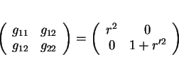 \begin{displaymath}
% latex2html id marker 20406\left(
\begin{array}{cc}
g_{11...
...\left(
\begin{array}{cc}
r^2&0\\
0&1+r'^2
\end{array}\right)
\end{displaymath}