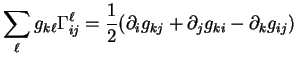 $\displaystyle \sum_\ell g_{k\ell}\Gamma^\ell_{ij}=\frac 1 2 (\partial_ig_{kj}+\partial_jg_{ki}-\partial_kg_{ij})
$