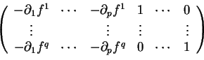 \begin{displaymath}
% latex2html id marker 16948
\left (
\begin{array}{cccccc}
-...
...tial_1f^q&\cdots&-\partial_pf^q&0&\cdots&1
\end{array}\right )
\end{displaymath}