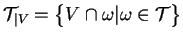 $\displaystyle {\mathcal T}_{\vert V}=\big\{V\cap\omega\vert\omega\in{\mathcal T}\big\}
$