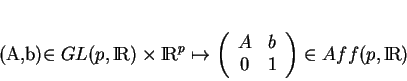 \begin{displaymath}
% latex2html id marker 17714(A,b)\in GL(p,{\rm I\!R})\time...
...ray}{cc}
A&b\\
0&1
\end{array}\right )
\in Aff(p,{\rm I\!R})
\end{displaymath}
