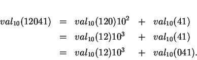 \begin{displaymath}
% latex2html id marker 3286\begin{array}{rllll}
val_{10}(1...
...}(41)\\  [1ex]
&=&val_{10}(12)10^3&+&val_{10}(041).
\end{array}\end{displaymath}